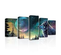 CXHOSTENT Wolf Wall Art Abstract Animal Pictures 5 Piece Wolf Staring at the Moon Canvas Prints Wildlife Poster Night Starry Sky Artwork Home Decor (Animal-1, 8"x14"x2, 8"x18"x2, 8"x22"x1)