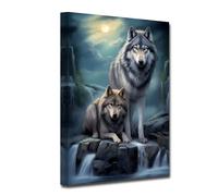CXHOSTENT Wolf Wall Art Wolves in the Mountains Canvas Prints Full Moon Painting Wildlife Landscape Forest Poster for Home Decor Framed (Wolf-1, 60.00 x 90.00 cms)