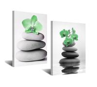 CXHOSTENT Zen Wall Art 2 Pieces Stone Picture Orchid Flower Canvas Prints Spa Bathroom Painting for Meditation Yoga Room Office Home Framed (Green, 12x16inchx2 Pieces)