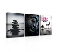 CXHOSTENT Zen Wall Art for Bathroom Decor 3 Panel Black and White Buddha Zen Stone Canvas Prints Pink Lotus Flower Painting for Yoga Spa Room Decor (Zen-2, 28.00 x 35.00 cms x 3PCS)
