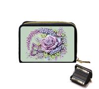 CXINLky Diamond Art Painting Card Case, 5D Diamond Art Premium PU Credit Card Holder with Zip, RFID Protection Slim Wallet Credit Card Holder for Men Women, 04-purple flower