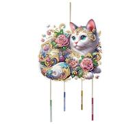 CXINLky DIY Diamond Painting Pendant with Chain, DIY Diamond Painting Wind Chime, Creative 5D Diamond Painting Wall Hanging Kits Wind Chime Pendant for Windows, Garden, Yard 12 White Cat