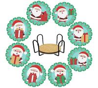 CXINLky Pack of 8 Diamond Art Painting Christmas Coasters with Holder, 5D Diamond Non-Slip Cup Coasters, Christmas Coasters for Cups, Wine Glasses, Home Kitchen, 02 Santa Claus