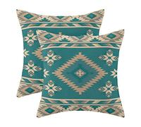 CXMEIFLY Boho Aztec Pillow Covers 18 x 18 Inch Set of 2 Western Native American Teal Beige Geometry Decor Throw Pillows Southwestern Outdoor Decorative Cushion Cases for Couch Bed Decorations