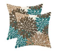 CXMEIFLY Brown Teal Pillow Covers 16x16 Inch Set of 2 Coffee Colored Dahlia Floral Decor Throw Pillows Summer Modern Geometry Flower Outdoor Decorative Cushion Cases for Sofa Couch Bed Decorations