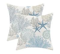 CXMEIFLY Coastal Pillow Covers 16x16 Inch Set of 2 Seashell Starfish Coral Ocean Themed Beach Throw Pillows Turquoise Navy Blue Nautical Summer Outdoor Decorative Cushion Cases for Couch Decorations