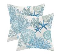 CXMEIFLY Navy Blue Summer Outdoor Coastal Pillow Covers 16x16 Inch Set of 2 Aqua Teal Seashell Starfish Coral Throw Pillows Ocean Themed Beach Nautical Decorative Cushion Cases for Couch Decorations