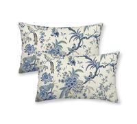 CXMEIFLY Spring Floral Birds Pillow Covers 12 x 20 Inch Set of 2 for Chinoiserie Flowers Decor Throw Pillows Blue and White Plant Outdoor Decorative Cushion Cases for Couch Bed Decorations