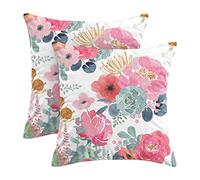 CXMEIFLY Spring Floral Pillow Covers 16 x 16 Inch Set of 2 for Watercolor Pink Flowers Decor Throw Pillows Green Leaves Plant Outdoor Decorative Cushion Cases with Zipper for Couch Bed Decorations