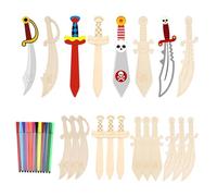 CXNXFD Pack of 12 Wooden Pirate Swords, with 12 Coloured Pens, Pirate Sabre Wooden Sword for Pirates, Children's Birthday Parties, DIY, Children, Painting Decoration