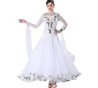 CXPMY Women's Modern Waltz Performance Costume Applique Ballroom Dance Dresses Embroidery Tango Competition Dress,White,XL