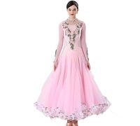 CXPMY Women's Modern Waltz Performance Costume Applique Ballroom Dance Dresses Embroidery Tango Competition Dress,Pink,XL