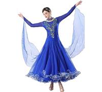 CXPMY Women's Modern Waltz Performance Costume Applique Ballroom Dance Dresses Embroidery Tango Competition Dress,Blue,S