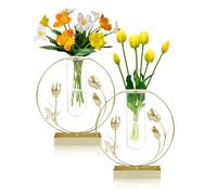 CXRYLZ 2pcs Flower Vase, Gold Metal Vase with Glass Test Tube for Flower Pampas Grass Plant, Small Bud Ornaments for Home Living Room Decor Wedding Dining Table Centerpieces Decoration