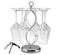 CXRYLZ Wine Glass Holder with Bottle Openers, Glasses Drying Rack and 1pcs Corkscrews, Elegant Silver Hanging Stand 6 Hooks Cup Storage Organiser for Kitchen Bar