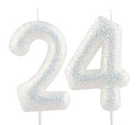 Cxryrzhe Birthday Candle Number 24 White Iridescent 24th Glitter Birthday Candles Cake Topper Decorations for Party Celebration Decor Supplies