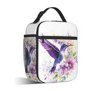 CXULIN Insulated Lunch Bag,Purple Hummingbird Durable Lightweight Lunch Box for Kids,Watercolor Spring Flowers Portable Thermal Picnic Cool Bags Girls Boys School Daycare,Work,Camping