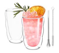 CxutSa 2 x 450ml Double Walled Glass Coffee Mugs Cappuccino Latte Expresso Glass Mugs Large Borosilicate Glasses Cups with Spoon & Brush for Hot Cold Drinks Tea Juice Milk Ice Cream