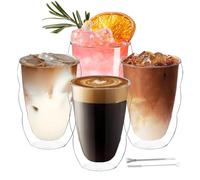 CxutSa 4 x 350ml Double Walled Coffee Glasses Mugs Cappuccino Latte Macchiato Glasses Cups with Straw Spoon Borosilicate Heat Resistant Glass Coffee Cups for Espresso Coffee Tea Milk Juice Ice Cream