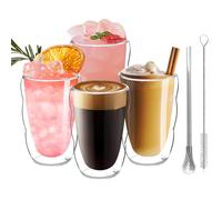 CxutSa 4 x 450ml Double Walled Glass Coffee Mugs Glass Coffee Cups Cappuccino Latte Expresso Glass Mugs Borosilicate Large Glass Cups with Spoon & Brush for Hot Cold Drinks Tea Juice Milk Ice Cream
