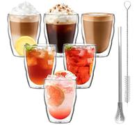 CxutSa 6Pcs Double Walled Glass Coffee Mug 350ml Insulated Cappuccino Latte Glasses Borosilicate Espresso Macchiato Glass Cups for Hot Cold Drinks Tea Milk Juice Ice Cream, with Straw Spoon