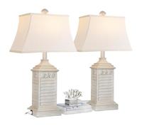 CXYWBD Nautical Coast Resin Table Lamp 2-Pack with Dual USB Ports and One AC Outlet Bedroom Room Home Decor Suitable for bedrooms, Living Rooms, Offices, Book(Washed White)