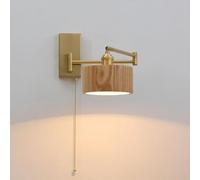 CXYWBD Nordic Solid Wood Lamp with Pull Chain Gold Swing Arm Adjustable Bedside Mount Reading Light Retro Wooden Wall Sconces for,