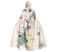 Cxzmnba Norway Map With Various Icons Unisex Cosplay Costume Halloween Hooded Cape Cloak for Party Dress Up Full-Length Uniform Robe