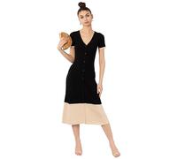 CY Soft Knitted Ribbed Midi Button Down Bodycon Dress in Black Beige Contrast Design