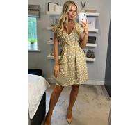 CY Women's Beige Abstract Print V-Neck Skater Mini Dress | Size: S/M CY Beige S/M