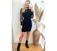 CY Women's Black Bodycon Mini Dress with Organza Sleeves | Size: Medium/Large CY Black M/L