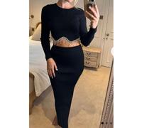 CY Women's Diamond Embellished Scalloped Knit Top & Midi Skirt Co-Ords in Black | Size: Medium/Large CY Black M/L