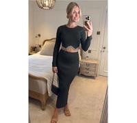 CY Women's Diamond Embellished Scalloped Knit Top & Midi Skirt Co-Ords in Green | Size: Medium/Large CY Green M/L