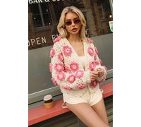 CY Women's Hand Knitted Statement Crochet Flower Cardigan in Cream CY Cream One Size