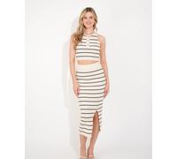 CY Women's Knitted stripe print vest top & midi skirt co-ords set in beige | Size: S/M CY Beige S/M