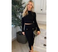 CY Women's Long Sleeves Top With Buttons Design & Midi Skirt Co-Ords Suits In Black | Size: Medium/Large CY Black M/L