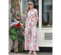 CY Women's Multi Floral Print Cotton Blend Short Sleeves & Trousers Co-Ords Suits In Pink | Size: S/M CY Pink S/M