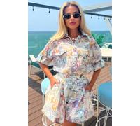 CY Women's Newspaper Artwork Print Shirt & Shorts Co-Ords in Beige | Size: S/M CY Beige S/M