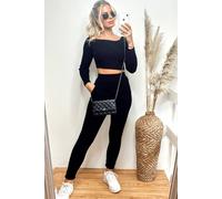 CY Women's Off Shoulder Crop Top & Leggings Loungewear Co Ord in Black | Size: Medium/Large CY Black M/L
