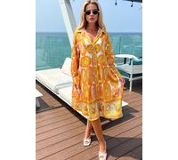 CY Women's Orange Yellow Paisley Print Artwork Print Stain Oversized Shirt Dress | Size: Medium/Large CY Orange M/L