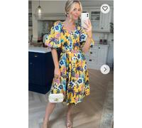 CY Women's Oversized Puff Sleeve Midi Dress In Coconut Tree Print in Yellow | Size: Medium/Large CY Yellow M/L