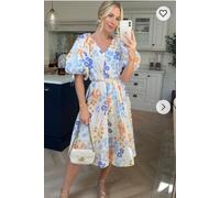 CY Women's Oversized Puff Sleeve Midi Dress In Multi Color Floral Print in White | Size: S/M CY White S/M