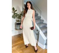 CY Women's Pointelle Knit Vest Top & Maxi Pleated Skirt Co-ords in Beige | Size: Medium/Large CY Beige M/L