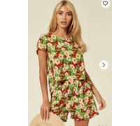 CY Women's Relaxed Floral Print Top & Shorts Co-Ord Set in Red | Size: Medium/Large CY Red M/L