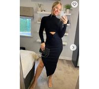 CY Women's Ribbed Knitted Midi Dress With Cut Out Design in Black | Size: Medium/Large CY Black M/L