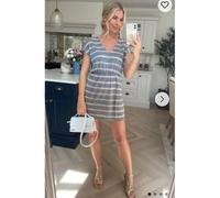 CY Women's Short Sleeve V Neck Mini Dress In Grey & White Stripe | Size: Small CY Grey S