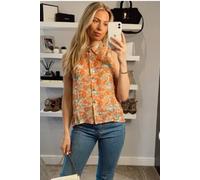 CY Women's Sleeveless Watercolour Floral Print Button Front Blouse in Orange | Size: Medium/Large CY Orange M/L