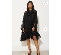 CY Women's Stand Collar Shift Dress With Heavily Gathered Tiered Mesh Frills Shirt Hem Design in Black | Size: S/M CY Black S/M