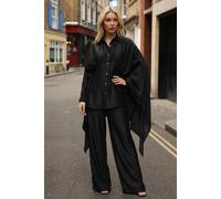 CY Women's Sunset Satin Cape-Sleeve Shirt & Wide-Leg Trouser Co-Ord in Black | Size: Medium/Large CY Black M/L