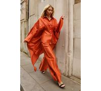 CY Women's Sunset Satin Cape-Sleeve Shirt & Wide-Leg Trouser Co-Ord in Orange | Size: Medium/Large CY Orange M/L